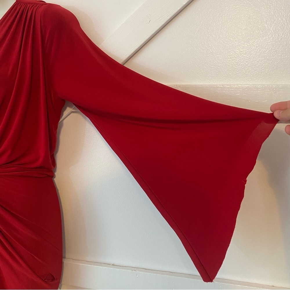 Misa Teget High Low Hem Ruched Twist Front Long Flare Sleeve V-Neck Dress Red S - Picture 8 of 11